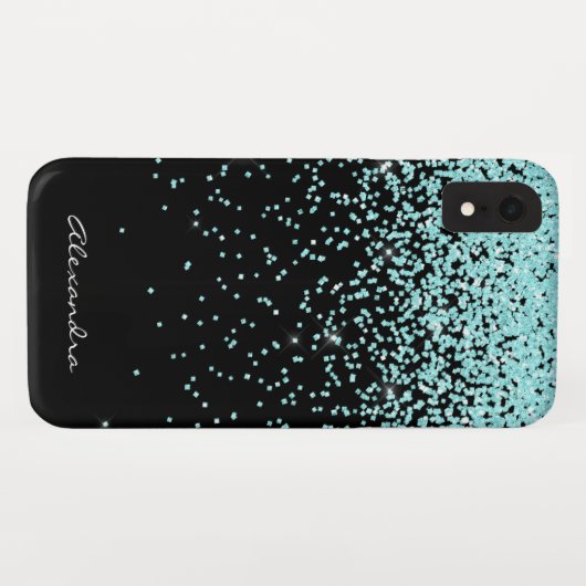 Monogramm Türkis und Schwarzer Glitzer Case-Mate iPhone Hülle (Rückseite (Horizontal))