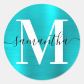 Monogramm Türkisblau Runder Aufkleber (Vorderseite)