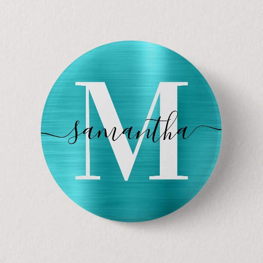 Monogramm Türkisblau Shimmer-Folie Button (Vorderseite)