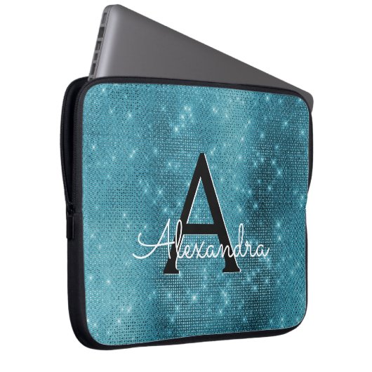 Monogramm Türkisblaue Sparklingsteine Laptopschutzhülle (Vorne Rechts)