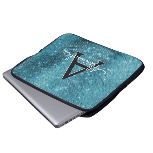 Monogramm Türkisblaue Sparklingsteine Laptopschutzhülle (Vorne Knopf)