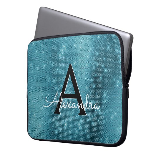 Monogramm Türkisblaue Sparklingsteine Laptopschutzhülle (Vorderseite Links)