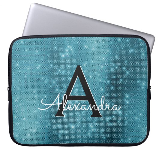 Monogramm Türkisblaue Sparklingsteine Laptopschutzhülle (Vorderseite)