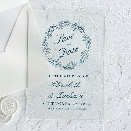 Monogramm Türkisblauer Kranz Hochzeit Save the Dat Acryleinladungen