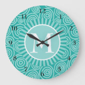 Monogramm Türkisweiße Spiralen - Personalisiert Große Wanduhr (Vorderseite)