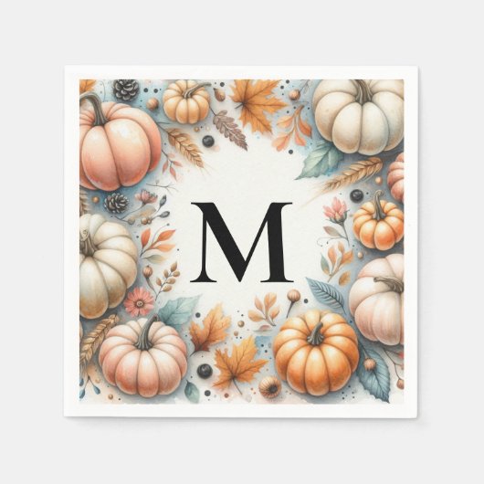 Monogramm-Typografie Herbstkürbisse Wasserfarben Serviette (Vorderseite)