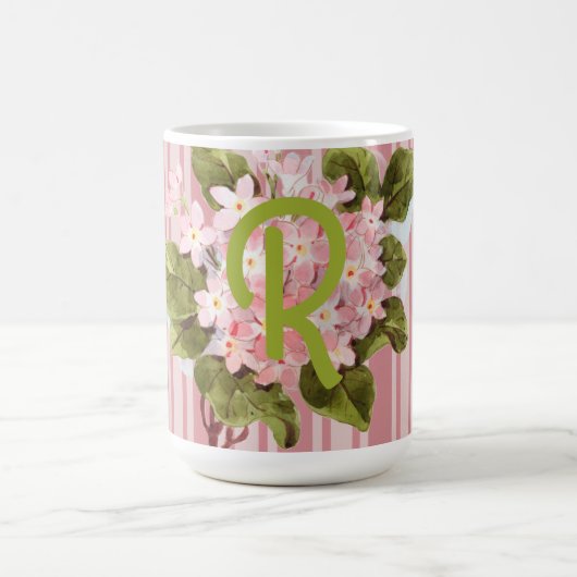 Monogramm und Blumen auf rosa Streifen Kaffeetasse (Mittel)