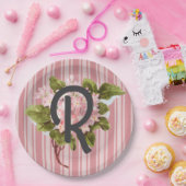 Monogramm und Blumen auf rosa Streifen Pappteller (Party)