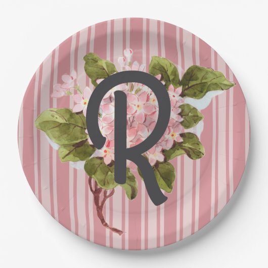 Monogramm und Blumen auf rosa Streifen Pappteller (Vorderseite)
