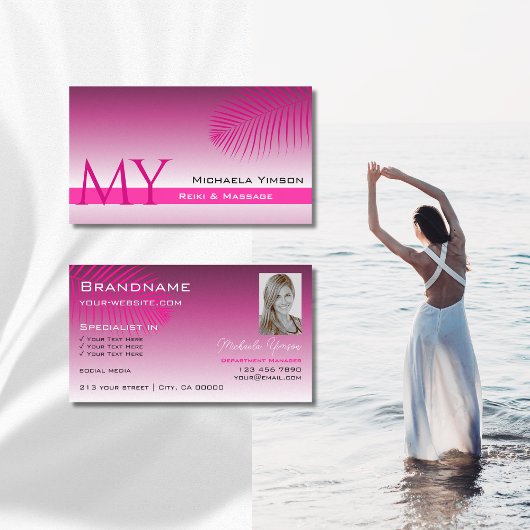 Monogramm und Foto des rosa Lila Gradient Palmblät Visitenkarte