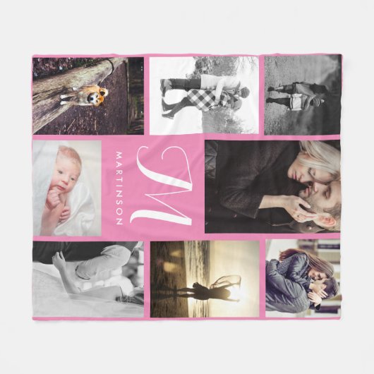 Monogramm und Foto im modernen Look Rosa und Weiß Fleecedecke (Vorderseite (Horizontal))
