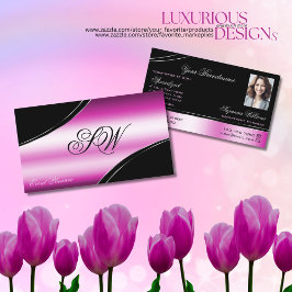 Monogramm und Foto moderner schwarz-rosa-gekrümmte Visitenkarte