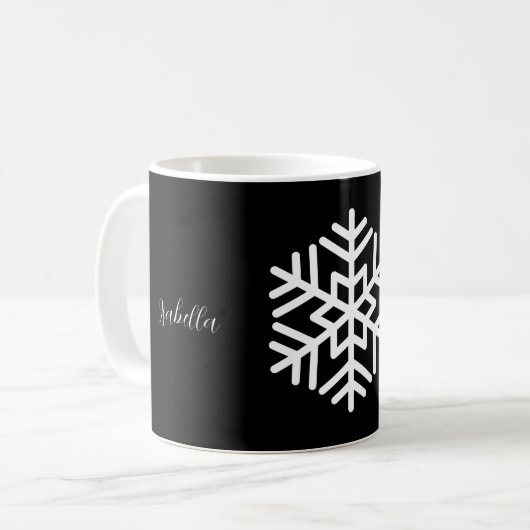 Monogramm und große weiße Schneeflocke auf Schwarz Kaffeetasse (Vorderseite Links)