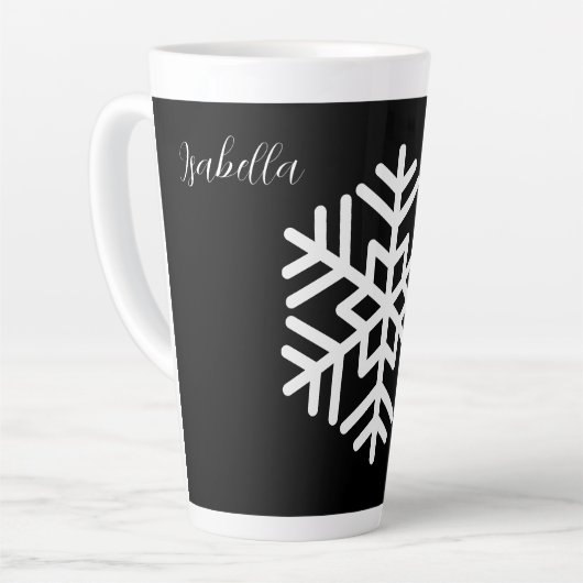 Monogramm und große weiße Schneeflocke auf Schwarz Milchtasse (Linke Ecke)
