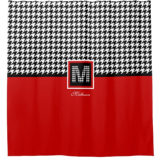 Monogramm und klassisches Hahnentrittmuster | Rot  Duschvorhang (Vorderseite)