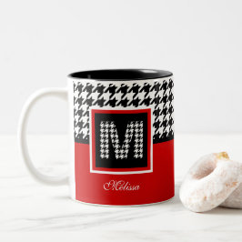 Monogramm und klassisches Hahnentrittmuster | Rot Zweifarbige Tasse