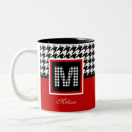 Monogramm und klassisches Hahnentrittmuster | Rot Zweifarbige Tasse (Links)