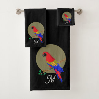 Monogramm und moderner bunter Papagei auf Schwarz Badhandtuch Set