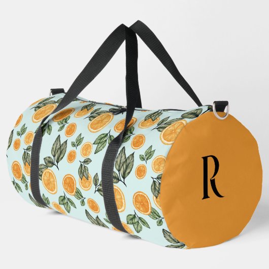 Monogramm und Name Aqua und Orange Fruchtscheiben Duffle Bag (Linke Ecke)