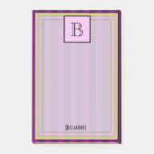 Monogramm und Name auf lila gestreiftem Muster Post-it Klebezettel (Vorderseite)