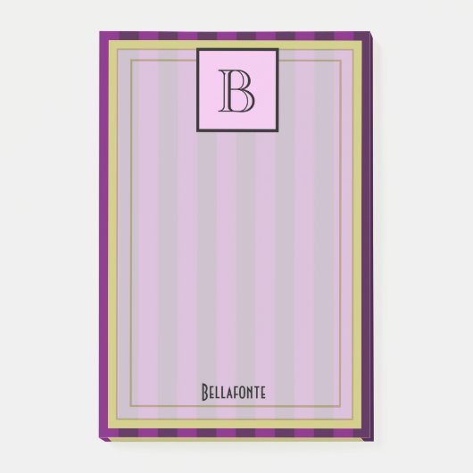 Monogramm und Name auf lila gestreiftem Muster Post-it Klebezettel (Vorderseite)