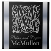 Monogramm und Name "Besque on Black" Keramik Tile Fliese (Vorderseite)