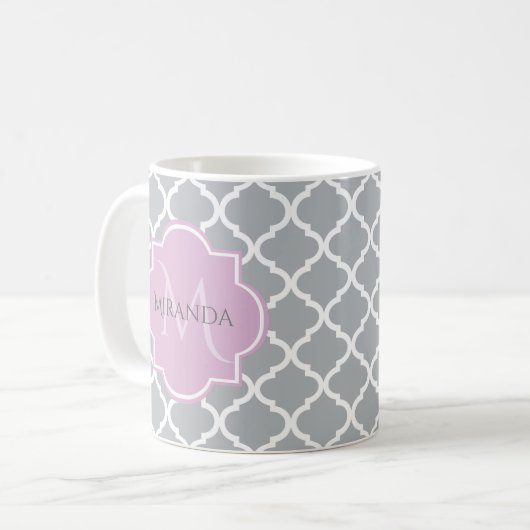Monogramm und Name der Girly Gray Quatrefolie Kaffeetasse (Vorderseite Links)