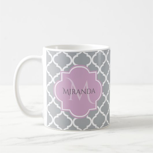 Monogramm und Name der Girly Gray Quatrefolie Kaffeetasse (Links)