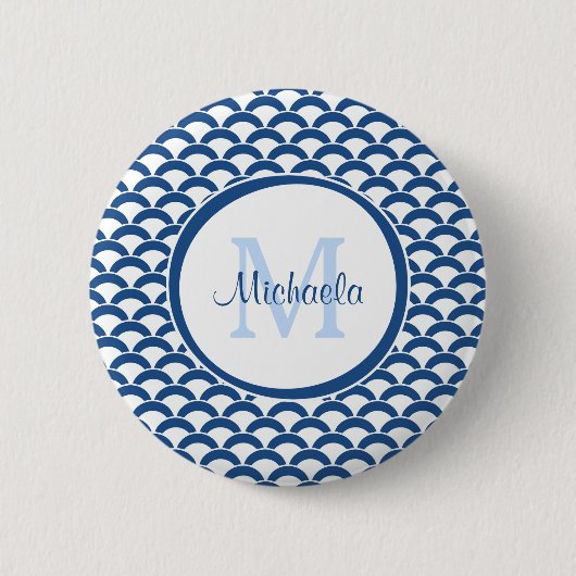 Monogramm und Name der modernen blauen und weißen Button (Vorderseite)