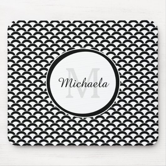 Monogramm und Name der modernen Schwarzweiß-Scallo Mousepad (Vorne)