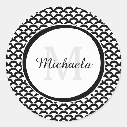 Monogramm und Name der modernen Schwarzweiß-Scallo Runder Aufkleber (Vorderseite)