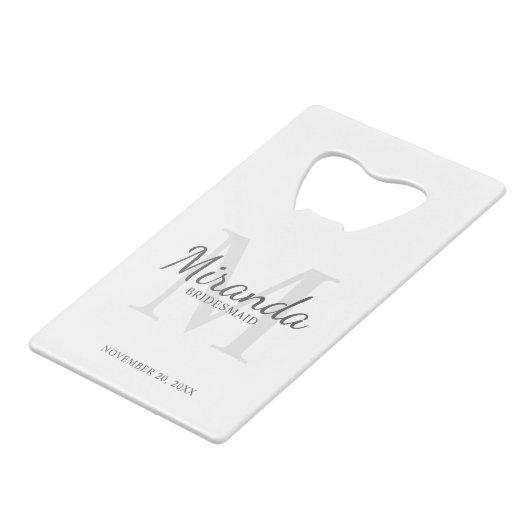 Monogramm und Name der personalisierten Bridesmaid Geldbeutel Flaschenöffner (Vorderseite Schrägansicht)