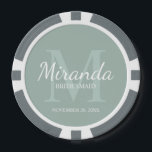 Monogramm und Name der personalisierten Bridesmaid Pokerchips<br><div class="desc">Personalisierte Bridesmaids Geschenke zeigen personalisierten Namen von Brautjungfrau im Schriftart-Stil mit weißer klassischer Schrift und Monogramm im Stil von schlauer,  klassischer Serif-Schriftart als Hintergrund mit Titel und Hochzeitsdatum in weißem klassischem Serif-Schriftart-Stil auf schlängelgrünem Hintergrund. Auch perfekt für Trauzeugin,  Blume Mädchen,  Mutter der Braut und mehr.</div>