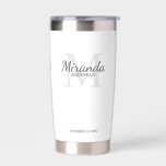 Monogramm und Name der personalisierten Bridesmaid Thermobecher<br><div class="desc">Personalisierte Bridesmaids-Geschenke zeigen personalisierten Namen von Brautjungfrau im Stil von grauen Schriftart und Monogramm in hellgrauem klassischem Serif-Schriftart als Hintergrund mit Titel und Hochzeitsdatum in grauem klassischem Serif-Schriftart-Stil auf weißem Hintergrund. Auch perfekt für Trauzeugin,  Blume Mädchen,  Mutter der Braut und mehr.</div>