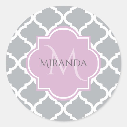 Monogramm und Name des Girly Grey Quatrefolie Lave Runder Aufkleber (Vorderseite)