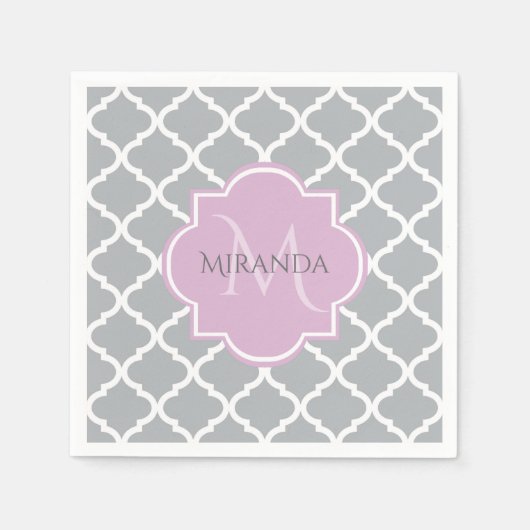 Monogramm und Name des Girly Grey Quatrefolie Lave Serviette (Vorderseite)