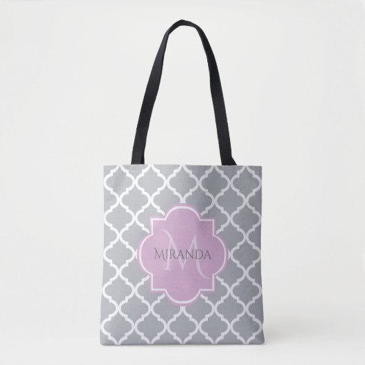 Monogramm und Name des Girly Grey Quatrefolie Lave Tasche (Vorderseite)