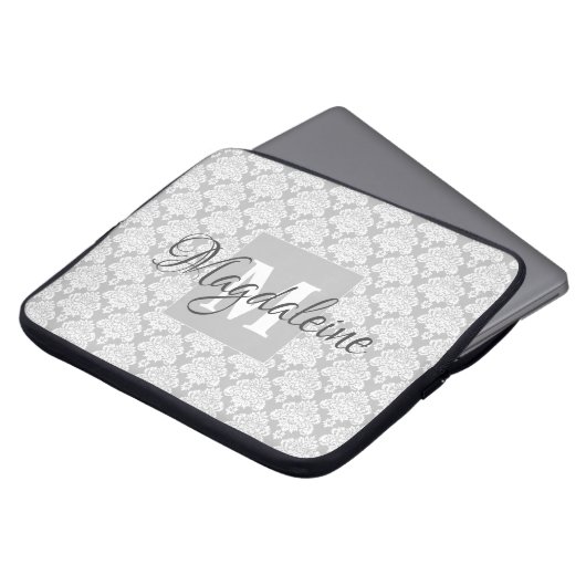 Monogramm und Name des hübschen Grau-Damaselmuster Laptopschutzhülle (Vorne Oben)