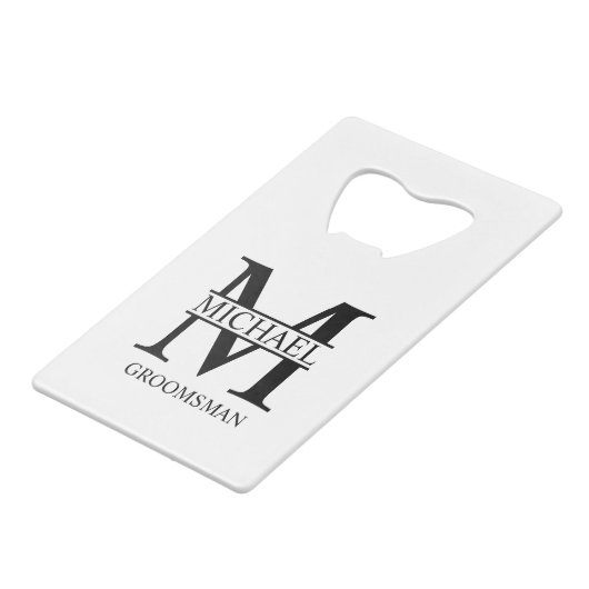 Monogramm und Name des Personalisierten Trauzeugen Geldbeutel Flaschenöffner (Vorderseite Schrägansicht)