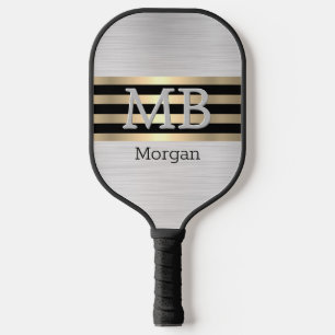 Monogramm und Name, Gold/schwarze Streifen, silber Pickleball Schläger