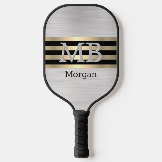 Monogramm und Name, Gold/schwarze Streifen, silber Pickleball Schläger (Vorderseite)