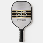 Monogramm und Name, Gold/schwarze Streifen, silber Pickleball Schläger (Rückseite)