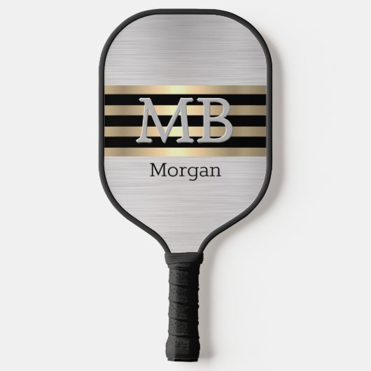 Monogramm und Name, Gold/schwarze Streifen, silber Pickleball Schläger (Rückseite)