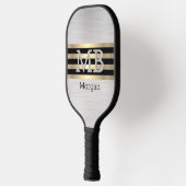 Monogramm und Name, Gold/schwarze Streifen, silber Pickleball Schläger (Links)