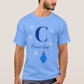 Monogramm und Name mit blauem Ornament T-Shirt (Vorderseite)