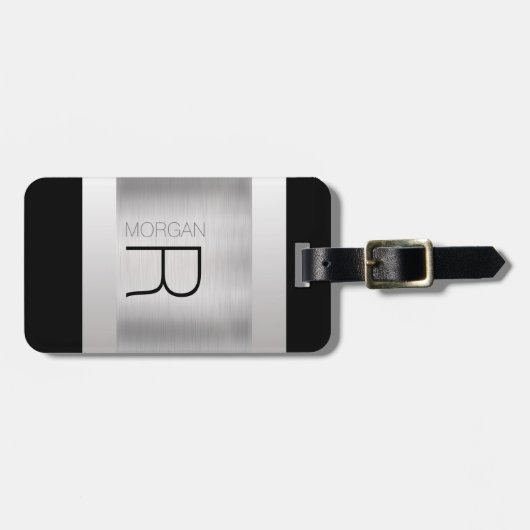 Monogramm und Name, Schwarz-Grau-Text, Silber gebü Gepäckanhänger (Vorderseite horizontal)