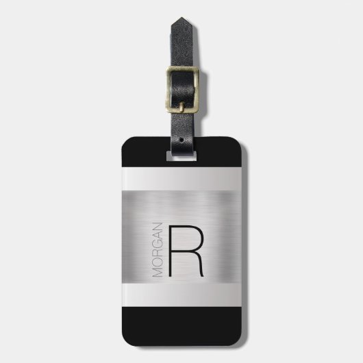 Monogramm und Name, Schwarz-Grau-Text, Silber gebü Gepäckanhänger (Vorderseite vertikal)