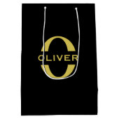 Monogramm und Name Schwarz und Gold Personalisiert Mittlere Geschenktüte (Rückseite)