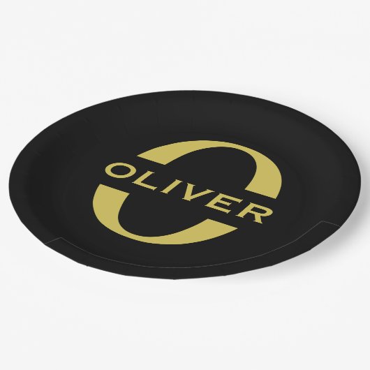 Monogramm und Name Schwarz und Gold Personalisiert Pappteller (Schrägansicht)