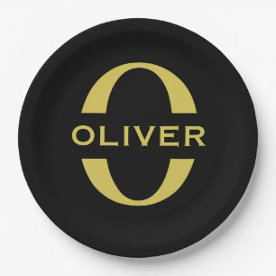 Monogramm und Name Schwarz und Gold Personalisiert Pappteller